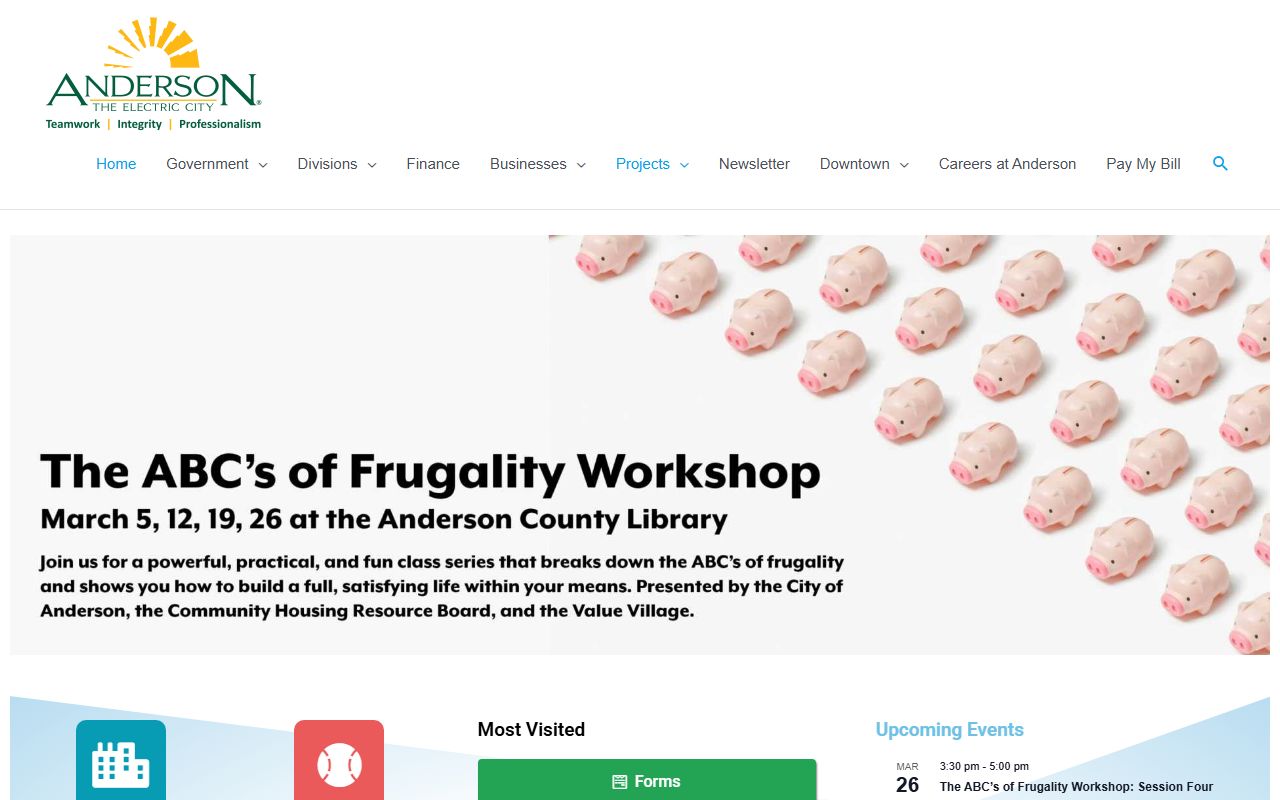 City of Anderson government website with police department information for booking reports
