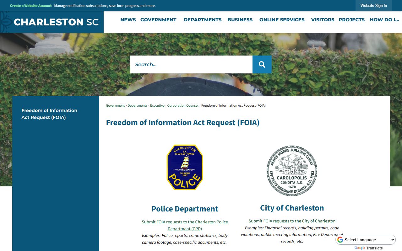 Charleston Police Department FOIA request portal for booking reports and arrest records