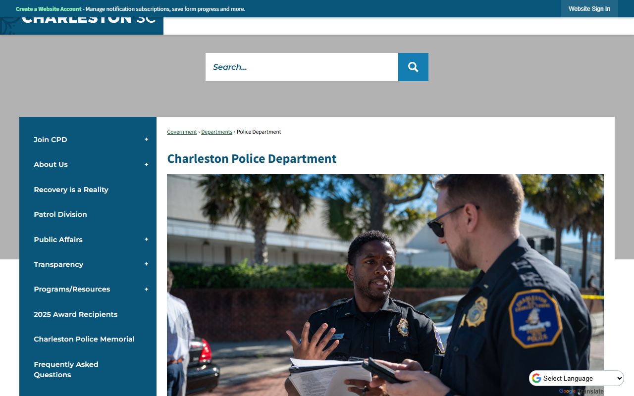 Charleston Police Department website with records division and contact information