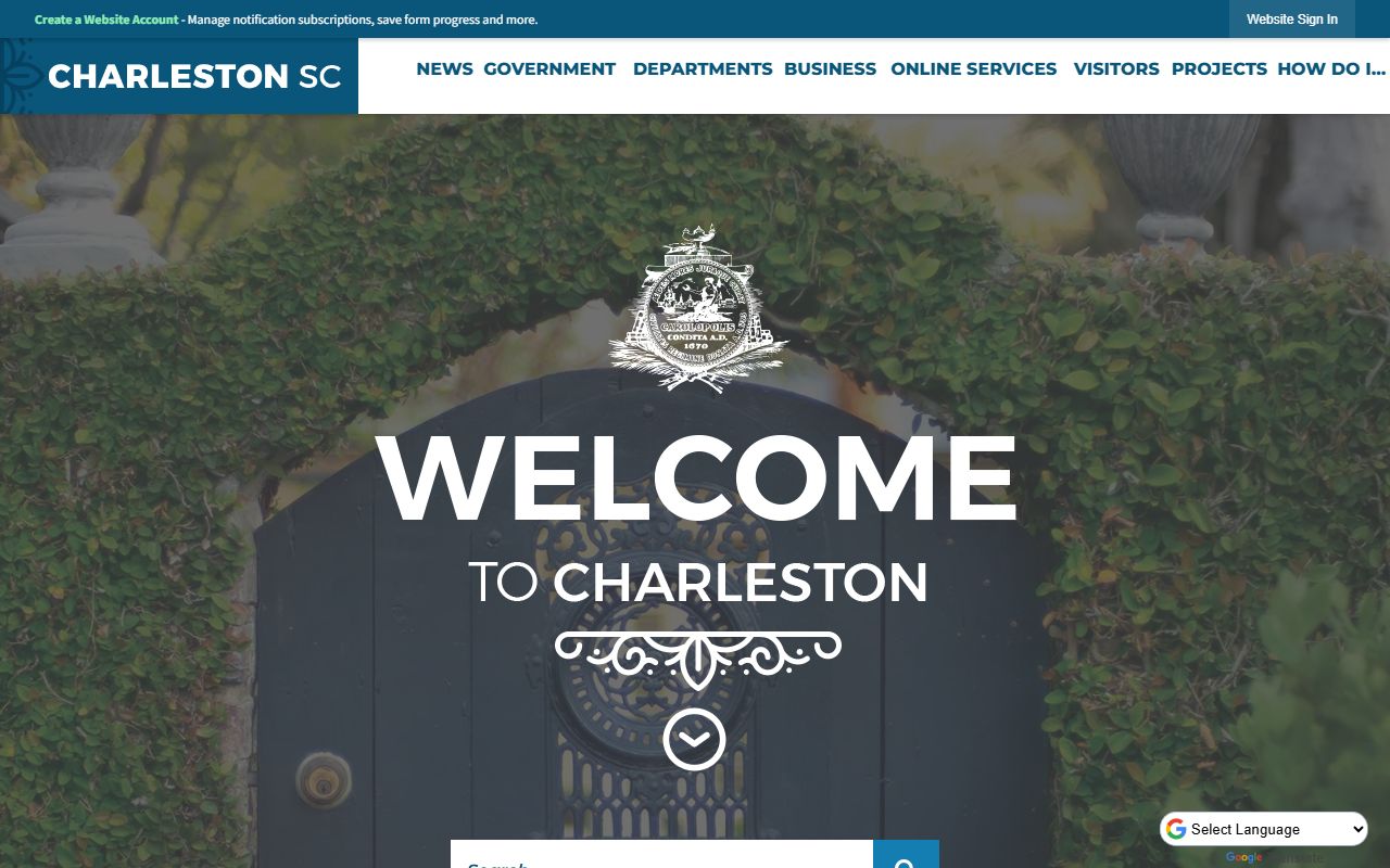 City of Charleston homepage with links to police department and public records services