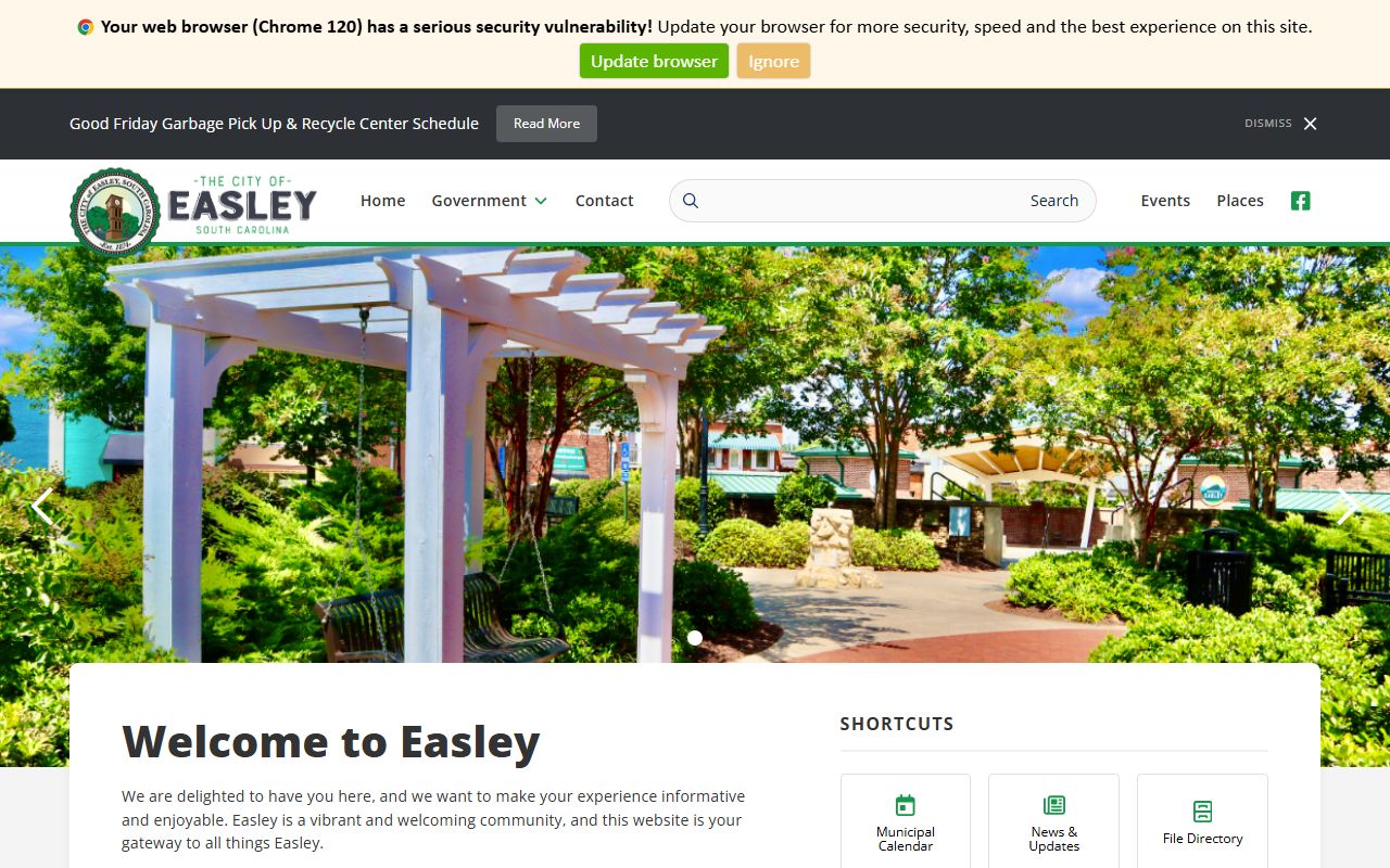 City of Easley website with links to police department services and public records