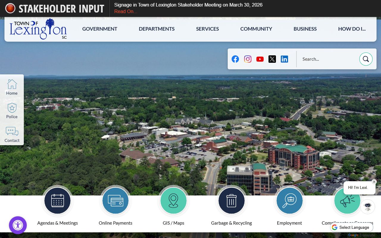 Town of Lexington website with links to police services and public records information