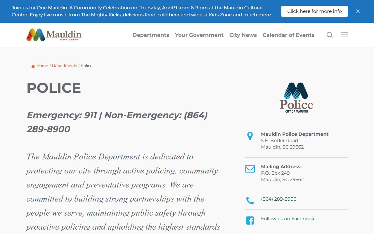 Mauldin Police Department website for arrest record information
