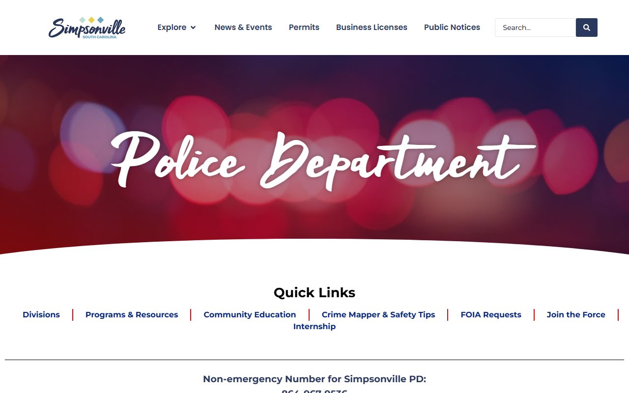 Simpsonville Police Department website with booking report and records information