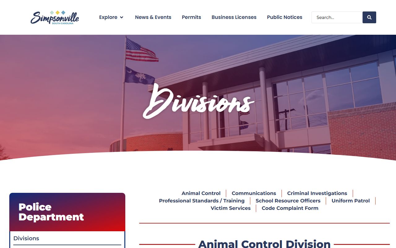 Simpsonville Police Department divisions handling arrests and booking reports