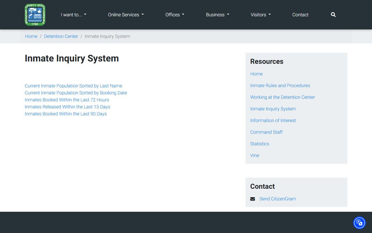 Beaufort County Detention Center inmate inquiry system for booking reports