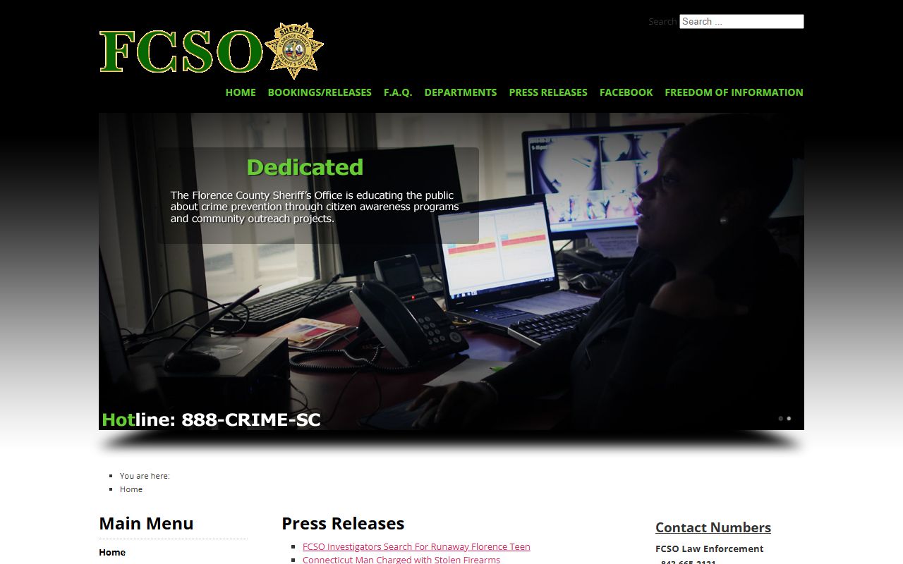 Florence County Sheriff's Office website for booking report access