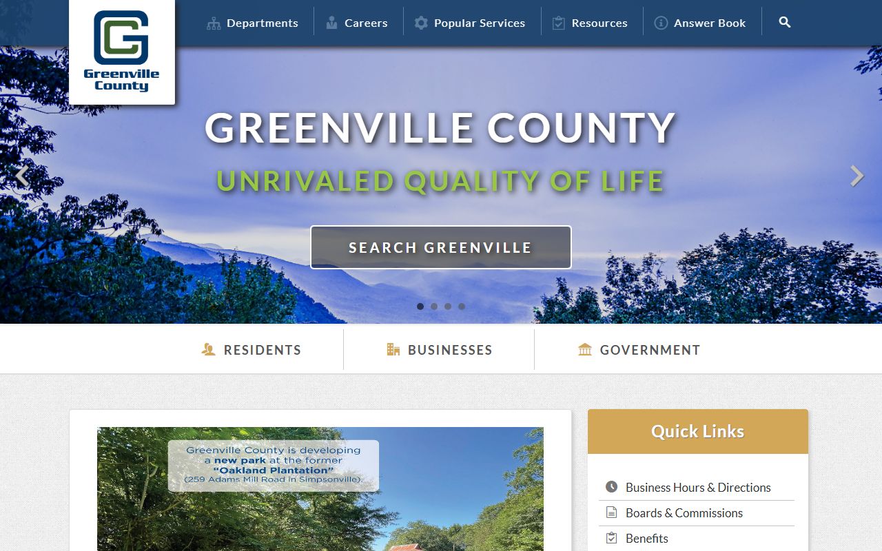 Greenville County government website with department links