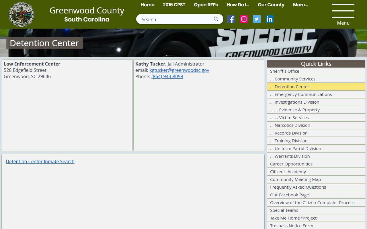 Greenwood County Detention Center webpage for inmate information