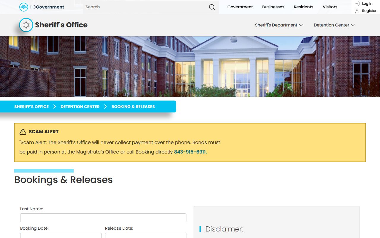 Horry County online bookings and releases database for booking reports
