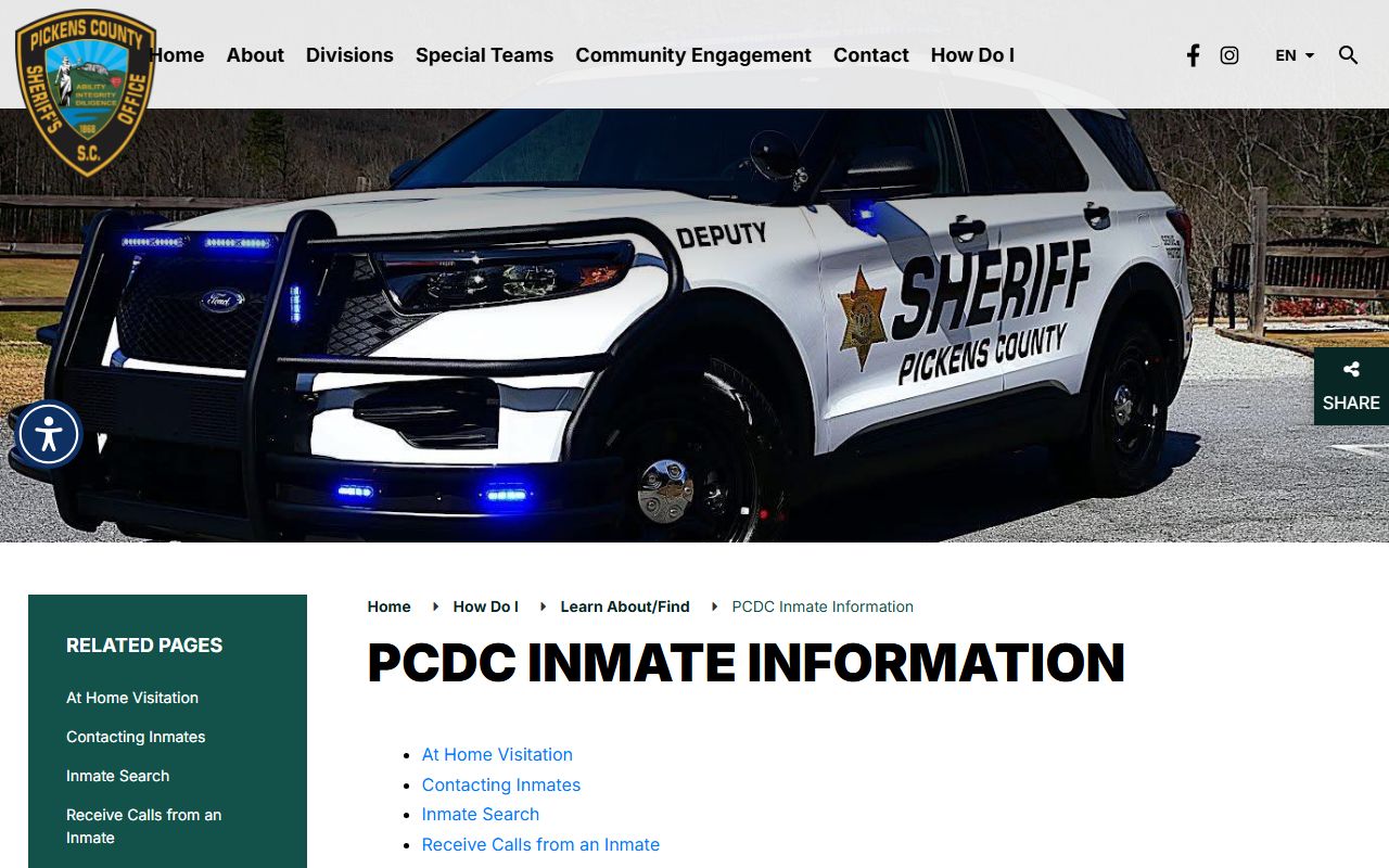 Pickens County inmate information page for booking reports