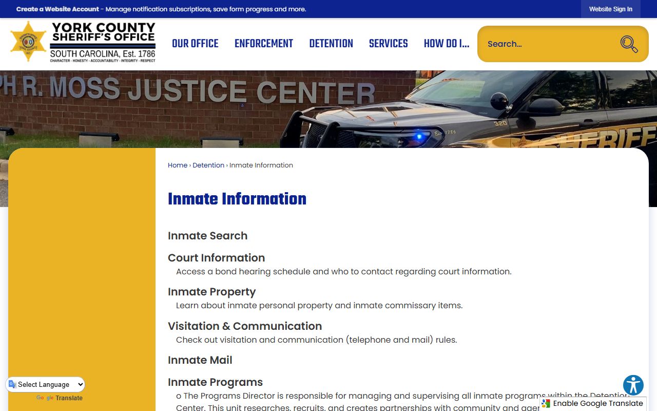 York County Sheriff inmate information page for booking report details
