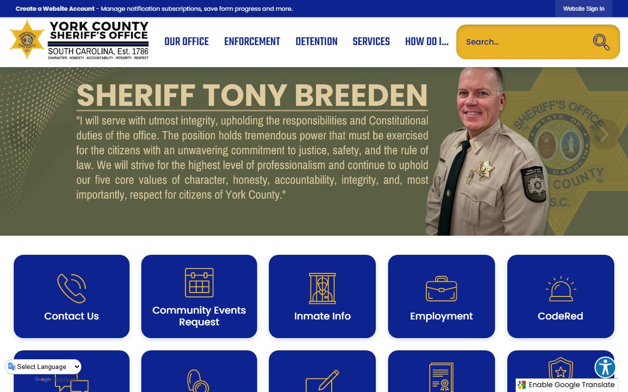 York County Sheriff Office website with detention center and inmate search information