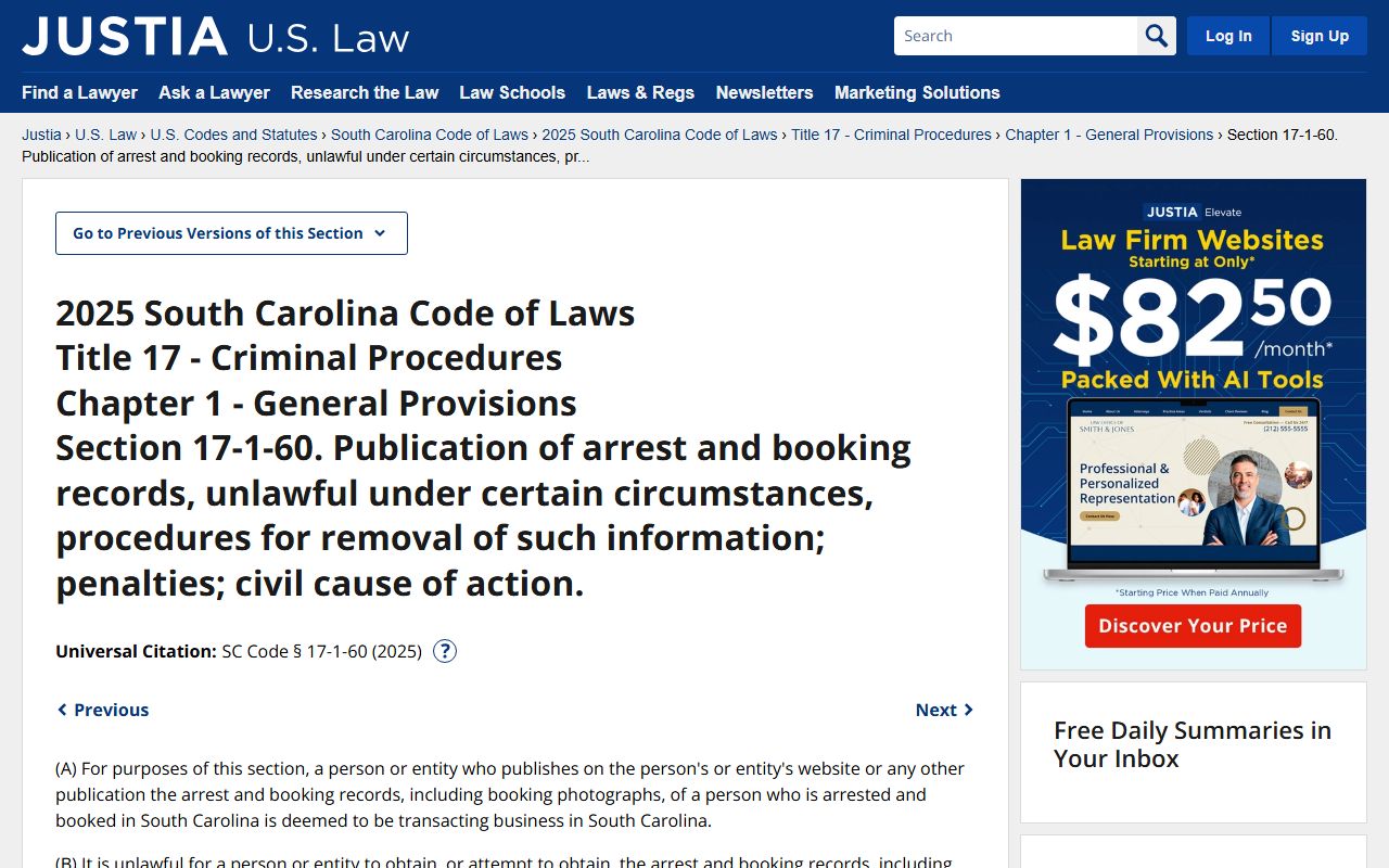 South Carolina arrest records publication law for booking reports