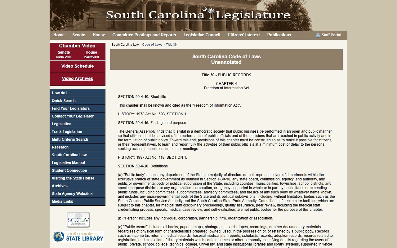South Carolina FOIA statute text for booking reports access
