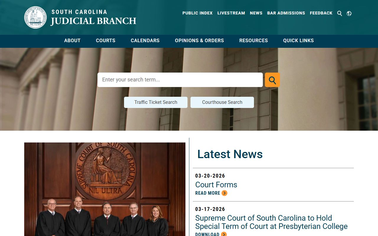 South Carolina Judicial Department homepage for booking reports