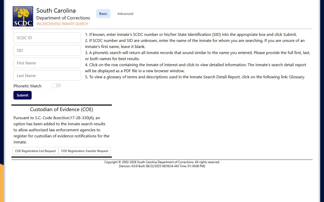 SCDC public inmate search interface for South Carolina booking reports