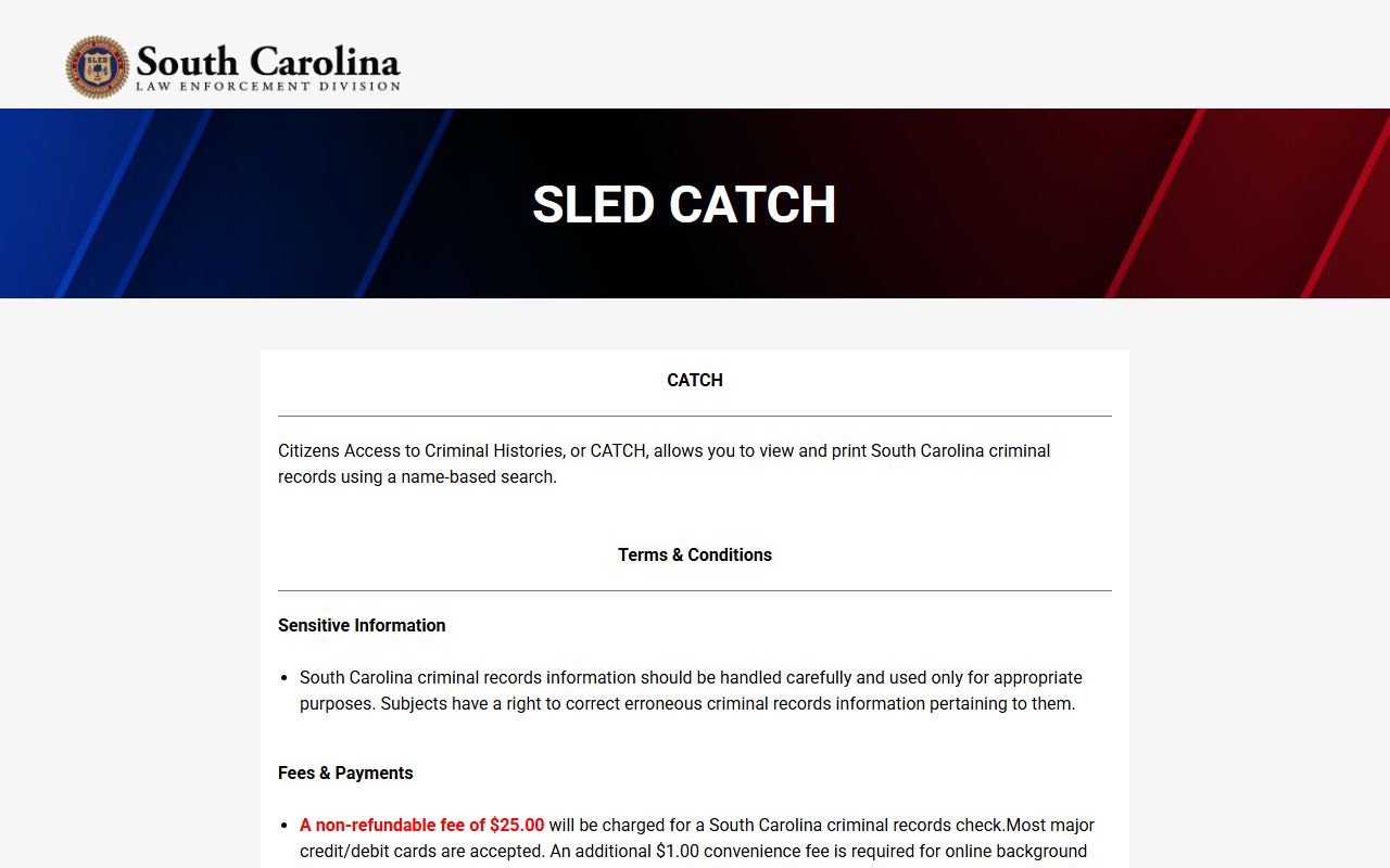 SLED CATCH criminal history search portal for South Carolina booking reports